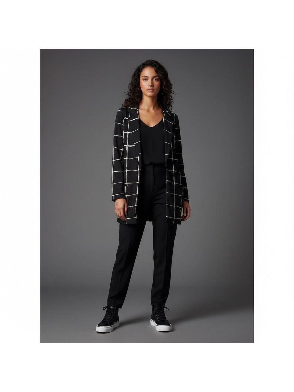 Michel Studio Collection black & white plaid long blazer jacket AD52402 size 16
